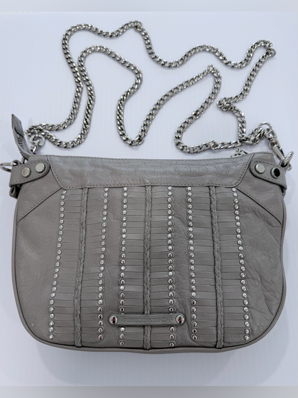 Rebecca Minkoff Leather Light Grey Silver Studded Shoulder Crossbody Purse Y2K